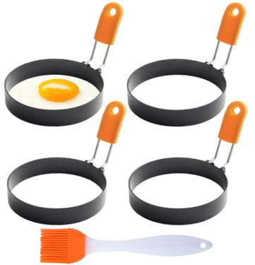 Kellegour 4 Pièces Anneaux D'oeuf Antiadhésifs,Moule Oeuf au Plat avec Poignée,Anneau à Oeuf,Ronde Moule Oeuf de Cuisson,pour Préparer Hamburgers,Crêpes,Sandwichs