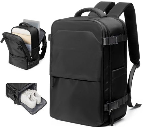 kibachev Leggera Zaino da Viaggio 40X20x25 Ryanair, Aereo Bagaglio a Mano con Portascarpe 40x30x20, Capiente Borsa Porta Pc Impermeabile Donna/Uomo, Zaino Business Multitasche (Nero)