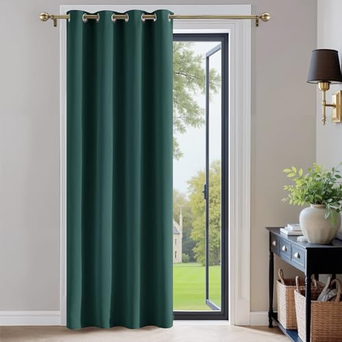PONY DANCE Single Blackout Christmas Curtain - Thermal Privacy Protection Eyelet Door Curtain for Living Room Bedroom Kitchen Window, 52 Inch x 90 Inch, Dark Green