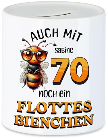 Kiddle-Design Personalisierte Spardose 70. Geburtstag - Flottes Bienchen ist 70-70ter Geburtstag Lustiges Geldgeschenk Frau Frauen - Sparschwein zum Geburtstag