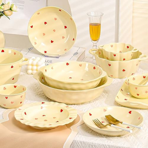 Set di stoviglie in ceramica a forma di cuore in stile francese giallo, ciotole e piatti con motivo a cuore per 2-4 persone, adatto al microonde e alla lavastoviglie (10 pezzi)