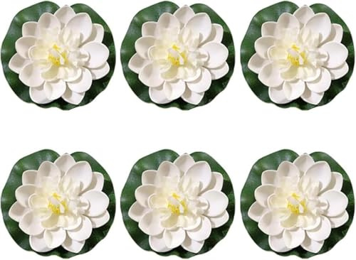 Jizlan 6 Pcs White Artificial Lotus Flowers Large Floating Lotus Flowers Faux Water Lily Fish Pond Artificial Plants with Artificial Lily Pads, Artificial Plants Home Decor