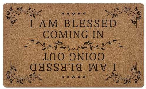 XLDLIOO Farmhouse Christian Door Mat, I Am Blessed Coming in Going Out Welcome Front Door Mat Indoor Outdoor Entrance, Bible Verse Artificial Coir Doormats Rugs for Porch Patio Entryway Decor 30x17in