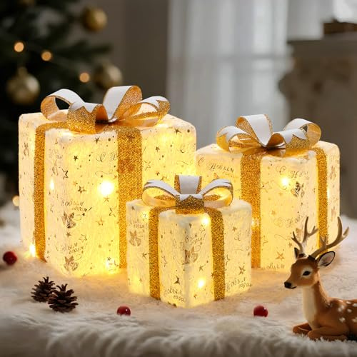 Lewondr Weihnachtliche Beleuchtete Geschenkboxen, 3PCS Weihnachts-Geschenkboxen Für Innen- Und Außenbereich Mit Fernbedienung, USB-Kabel, Schleifen, Goldgeprägte Weihnachtsglocken- Und Sternmuster