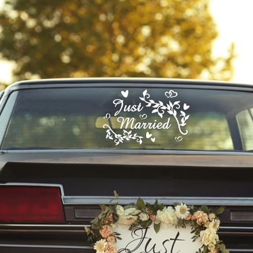 NICENEEDED 22.4 x 9.4 Just Married Mit Herz Autoaufkleber Abnehmbarer PVC Hochzeits Autofensteraufkleber Niedliches Stoßstangenschild Für Hochzeits Und Flitterwochen Autodekor