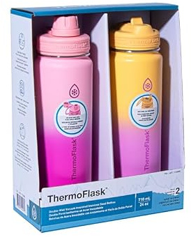 ThermoFlask Double-Wall Vacuum Insulated Stainless Steel Water Bottles, 710 mL, Pink and Yellow, Set of 2