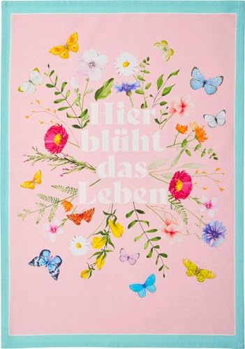 Blütenträume Geschirrtuch Hier blüht das Leben 50 x 70 cm: Küchentuch aus 100% Baumwolle, farbiger Motivdruck. Premiumqualität. Geschenk Kochen, Abendessen, Grillen