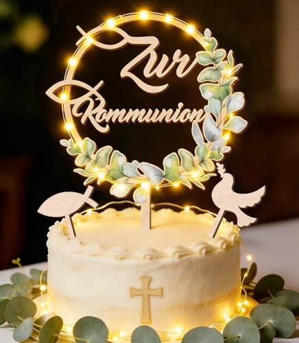 Tortendeko Kommunion Holz mit LED Lichterkette - inkl. Zur Kommunion Deko Torte, 1 Fisch und 1 Taube Tortenstecker, Kuchen Deko Erstkommunion Tortendeko Mädchen Jungen