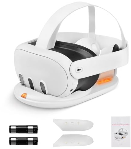 Lampelc Headset Charging Dock for Meta Quest 3, Fast Charging Station with LED Indicator, Magnetic Charging Dock Station for VR Headset & Controllers, with 2 Rechargeable Batteries