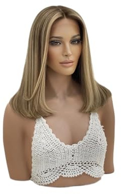 Honig-Aschblonde Lace-Front-Perücke, vorgezupft mit Haaren, gerade, leimlose synthetische Perücken for Frauen Flauschigs und Natürlich(14 inch)
