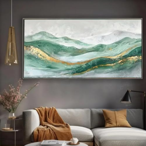 UUDEZO Abstraktes Berglandschafts-Leinwandbild – Sanfte Grün- und Goldtöne, ideal für Wohnzimmer, Büro oder Schlafzimmer (80 x 160 cm, schwarzer Rahmen)