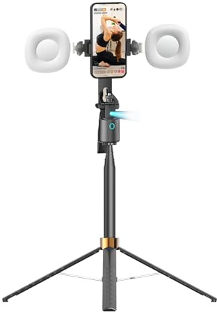 Denash Palo Selfie con Seguimiento Facial Automático, Trípode con Control de Gestos de Rotación de 360° con Luz de Relleno, Trípode Extensible para Teléfono para Transmisión en Vivo