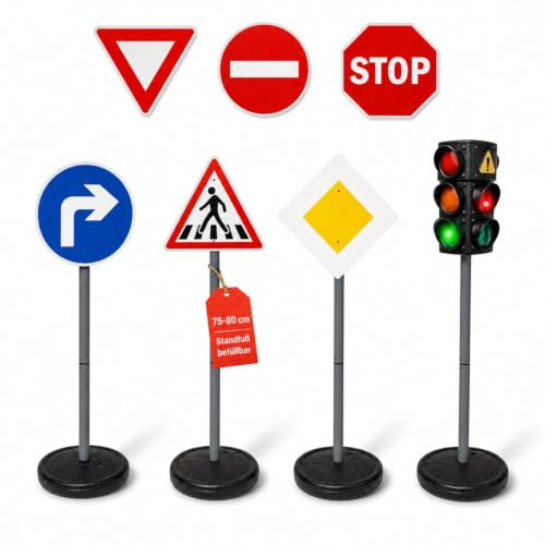 alldoro XL Verkehrsset mit 6 Verkehrszeichen und Ampel mit Licht & Sound | befüllbare Standfüße, 75-80 cm, Verkehrserziehungs-Spielzeug, für Kinder ab 3 Jahre, Indoor & Outdoor