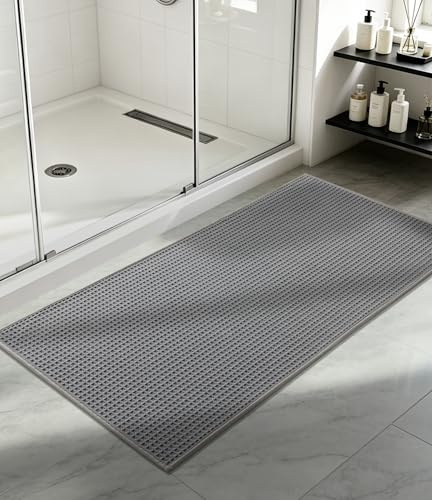 chakme Waffel Badezimmerteppich, 60x120 cm Grau Dünn Badematte rutschfest | Waschbar Badvorleger, Schnelltrocknend Badteppich, Gummi Duschvorleger