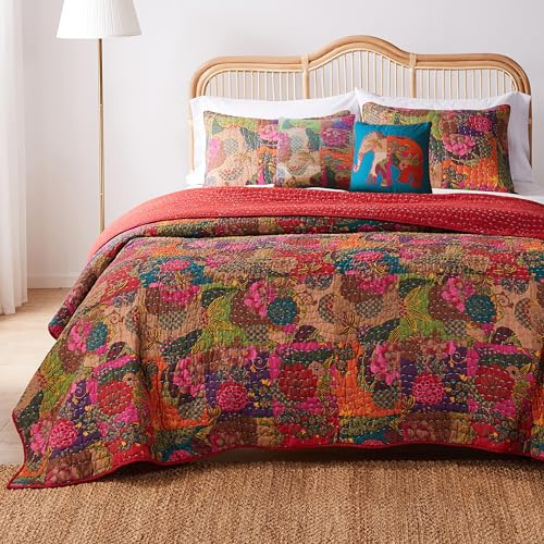 Greenland Home Jewel 100% Cotton Kantha Quilted Reversible Bedding Set, King/California King (5 Piece), Red