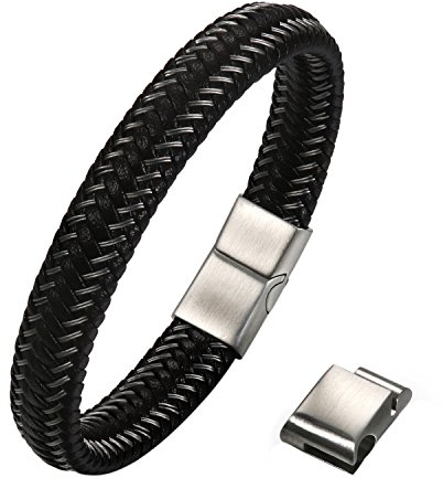 JewelryWe Schmuck Jazz Herren Reines Leder Armband Silber Edelstahl Magnetverschluss Größe einstellbar 8,2 -8,7 (21-22cm) mit Kostenloser Geschenkpackung