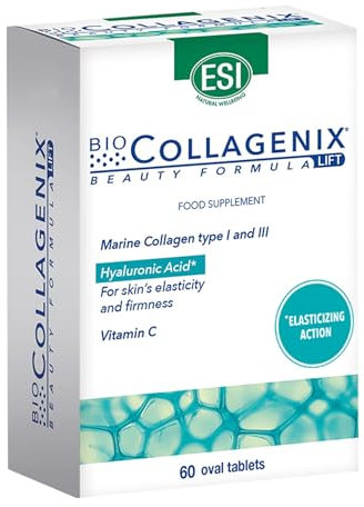 ESI - Biocollagenix, Integratore Alimentare Antiage con Collagene Marino e Acido Ialuronico, Dona una Pelle Idratata ed Elasticità al Viso, Senza Glutine, 60 Ovalette
