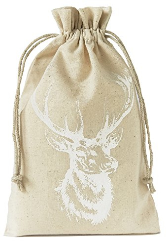 | 3 Leinensäckchen mit Hirsch-Motiv und Baumwollkordel zum Zuziehen, zertifiziert, Baumwollbeutel, Geschenkverpackung, Dekoration, Wald-Motive, Jagd, lebensmittelgeeignet (30x20 cm).