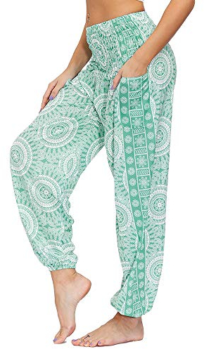 Nuofengkudu Damen Hippie Hosen mit Taschen Haremshosen Yogahosen Leichte Boho Muster High Waist Yoga Hosen Bunt Gemustert Lockere Pumphose Freizeithose Sommer Strand(Z-Hellgrün,Einheitsgröße)
