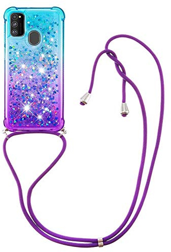 Handykette Handyhülle kompatibel mit Samsung Galaxy A21s Hülle Gradient Glitzer Flüssig Hülle mit Band Kette Schutzhülle Weiche Flexible Transparent TPU Stoßfest Case Cover(Blaues Purpur)