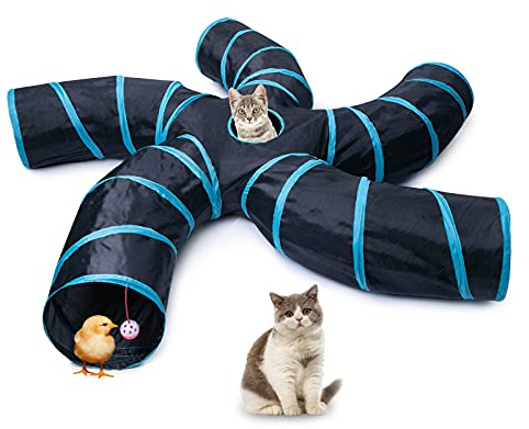 Katzentunnel 5 Wege Faltbare S-Form Röhren für Innen und Außen Kaninchen Kätzchen Frettchen Hund Interaktives Spielzeug Blau und Schwarz