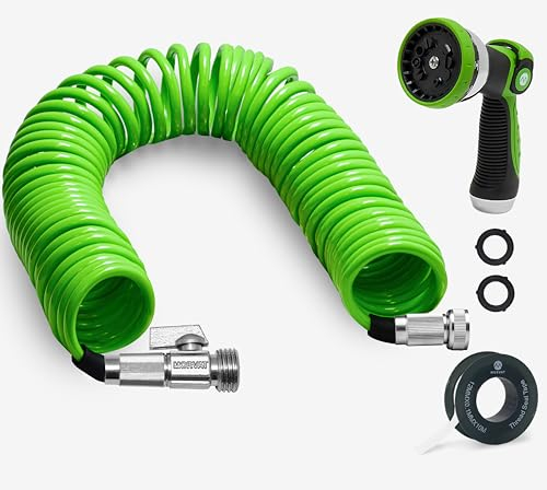 Morvat Flexibler Gartenschlauch mit An-/Ausventil, erweiterbarer Spiralfeder-Rücklauf-Wasserschlauch mit vernickelten Messingbeschlägen, für Boote, Hof und Wohnmobil, inklusive 10-Wege-Sprüher und