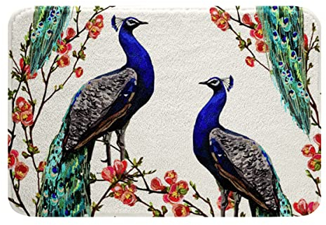 Loussiesd Pfau Badematte 50x80cm Tiermotiv rutschfest Badezimmerteppich Für Kinder Pfauenfedern Badteppiche Rot Blumen Weich Hochflor Schlafzimmer Wohnzimmer Küche Badvorleger Wohnkultur Hell