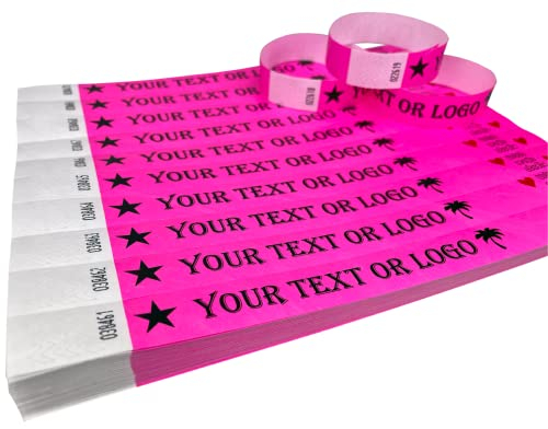 Wrist Magic Studio 200 Bracelets Rose fluo Bracelets en Tyvek imprimés avec votre texte personnalisé pour les événements, festivals, pièces d'identité, etc.