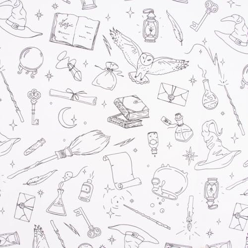SCHÖNER LEBEN. Baumwollstoff Ausmalstoff SORCIER Zauberschule Stab Blitz Eule Hut wei