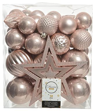 Kaemingk Weihnachtskugeln Kunststoff 5-8cm mit Christbaumspitze Stern 50er Set bruchsicher Hellrosa Rosa