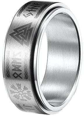 Nordic Viking Rune Thor's Hammer Drehbarer Ring - Herren Damen Edelstahl Mjolnir Spinner Ring - Celtic Pagan Gothic Vintage Punk Amulett Daumenring (Color : Silver, Size : 10)