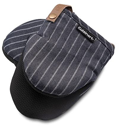 Cuisinart Mini Mitt Oven Mitts Set of 2 - Blue Oven Mitts Heat Resistant, with Non Slip Neoprene, Faux Leather Hanging Loop and Blue Denim Pin Stripe Exterior