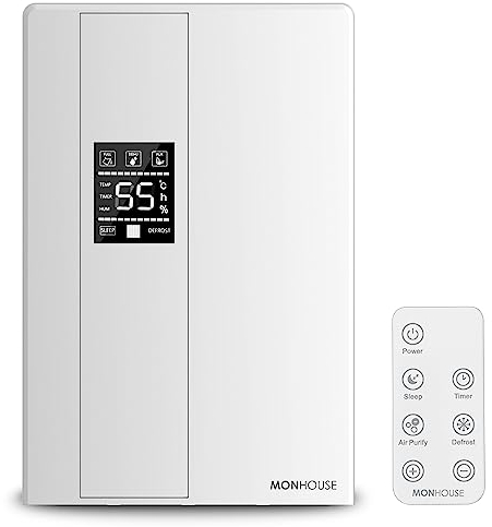 MONHOUSE Premium Dehumidifier for Home - 2200ml Tank - Remote Controlled, Sleep & Defrost Mode LED Display, 24 hr Timer & Auto Shut Off when Tank is Full - Ultra Quiet Electric Damp Absorber - White