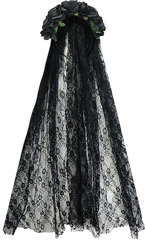 Rayson Florale Couronne avec Voile di Halloween Vintage Bandeau Femme avec Rose Serre Tête Jour des Morts Noir Coiffe de Deguisement Accessoire(Noir)
