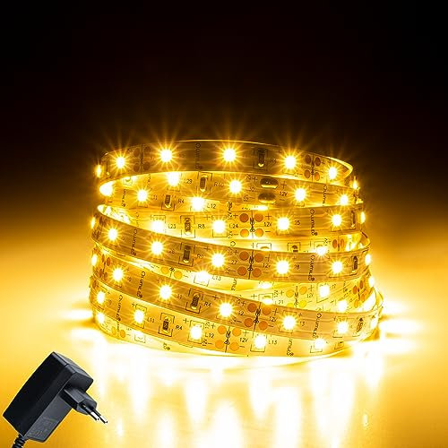 Lumiled LED Streifen 5M, 300 LEDs 12V warmweiß 3000K, 24W LED Strip, SMD LED Band IP33 2640 lm Selbstklebend Lichtband für Innenbereich Heim Küche Schlafzimmer Deko Steckernetzteil EU Stecker