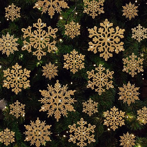 BBTO 48 Stück Große Schneeflocken Deko Hängende Glitzer Schneeflocken Weihnachtsbaumschmuck 3/4/ 5/6 Zoll 3 Stile Kunststoff Übergroße Schneeflocken Baumschmuck mit 164 Fuß Nylonfaden (Gold)