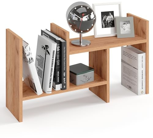 KOMTO Tischregal Schreibtisch Aufsatzregal - Regal Klein, Küchenregal Stehend für Arbeitsplatte, Desktop Bücherregal Honig Eiche | Shelf K 51-97 х 20 х 40 cm