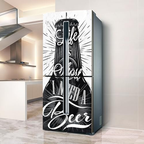 Kühlschrank aufkleber küche sticker, Kühlschrankaufkleber mit vollständiger Abdeckung der Tür, Kühlschrankabdeckungen, Wandaufkleber für die Küche, Life Short Bier in Schwarz und Weiß