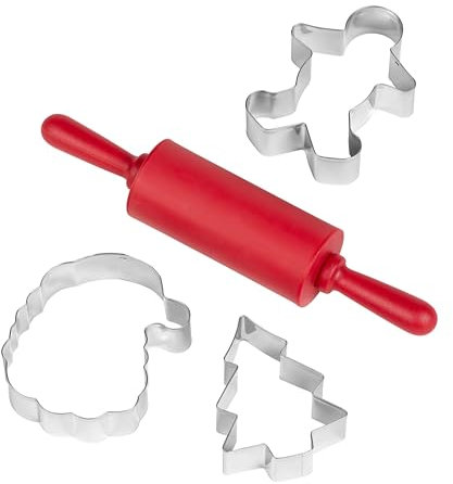 Tala Christmas Themed Mini Baking Set, Perfect for Festive Family Baking and Includes Santa, Christmas Tree and Gingerbread Cutters and a Handy Silicone Rolling Pin