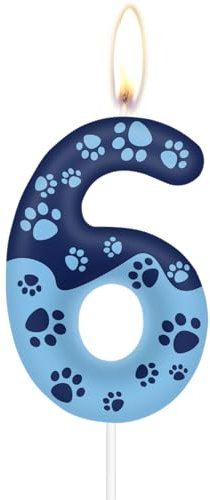 Blaue Hundepfotenkerze zum 6th Geburtstag, blaue Hundepfoten Kuchendekorationen Partykerze, blaue Zahl 6 Kerze für Kuchen, Kuchendekoration für Jungen Mädchen 6th Geburtstag,Pet Party Deko Zubehör