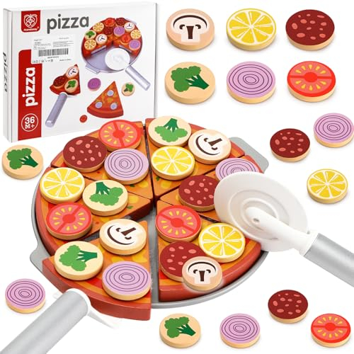 Williyatt Pizza Bois, Accessoire Cuisine Enfant incluent Coupe-Pizza, Spatule, Assiette, Kit Pizza Cuisine Enfant Fixés, Jouets de Cuisine en Bois Enfant pour Garçons Filles de 3+ Ans