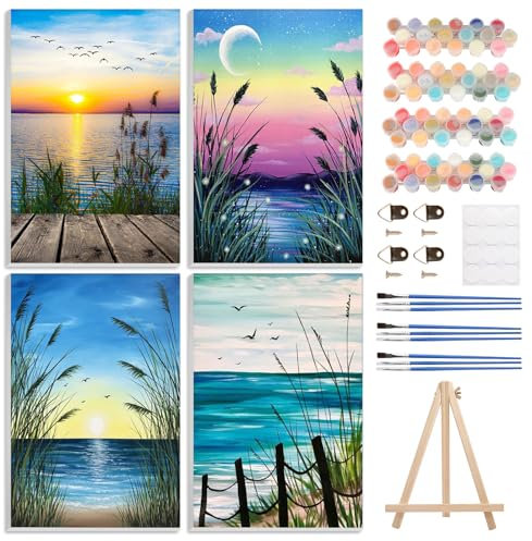 4 Pack Paint by Numbers Kits for Adults Beginners with Framed Canvas&Easel, DIY Adult Paint by Number Kit Oil Acrylic, Sunset Seascapes Landscapes Painting Kits, Arts and Crafts for Home Decor 8x12in