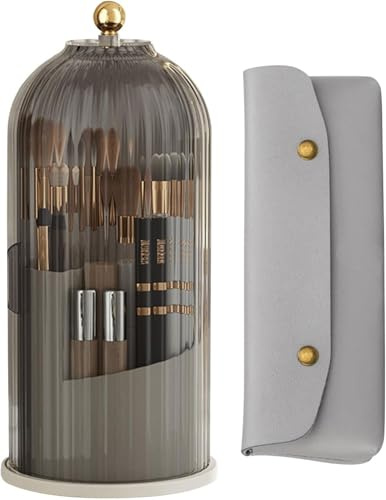 Rotierender Pinselhalter mit 360° Drehung und staubdichtem Deckel - Platzsparender Organizer für Kosmetik und Make-Up Pinsel - Schminktisch- und Schminkebehälter in einem praktischen Etui (Schwarz)