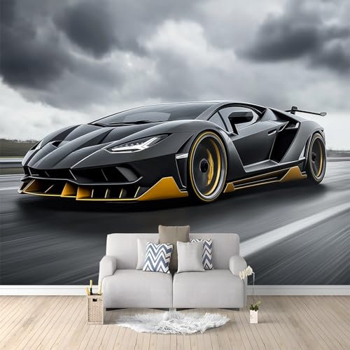 Papier Peint Panoramique Voiture De Sport Route Gris 400x280 cm Poster Geant Mural 3D, Tapisserie Photo Peinture Murale, Papier Peint Intissé Fresque pour Salon Chambre Toile Fond TV