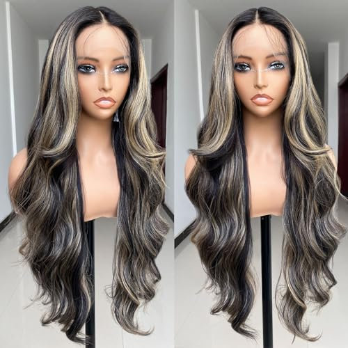 X-Tress Blonde Mixed Perruque Femme Highlight 28 Body Wave Naturelle13x4x1 Lace Front Perruque avec Lace Invisible Raie au Perruque Milieu Naturelle Femme Blend Wig