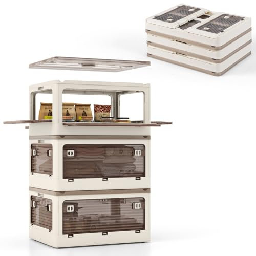 COSTWAY 90L/132L Stackable Storage Boxes with Lids, 3-Tier Large Collapsible Storage Bins with Wheels & 5 Open Doors, Foldable Plastic Storage Containers Organiser for Bedroom Living Room (90L)