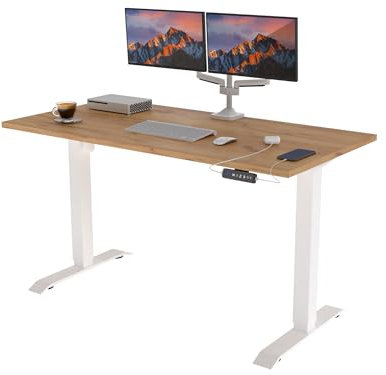 POKAR Höhenverstellbarer Schreibtisch Höhenverstellbar Elektrisch Bürotisch mit Tischplatte (Weiß + Golden Craft Eichen, 175 x 80)