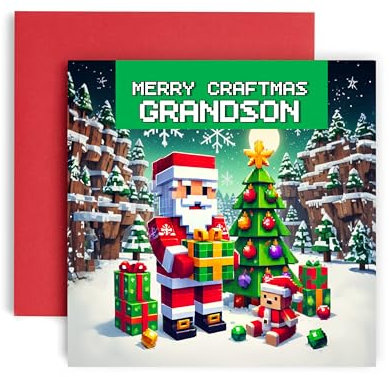 Huxters Coole Weihnachtskarte für Enkel – Computerspiel-Szene – Frohe Handwerksmasse für Ihn und Männer – Enkel Onkel Bruder Sohn Karte – 14,8 cm (Enkel)