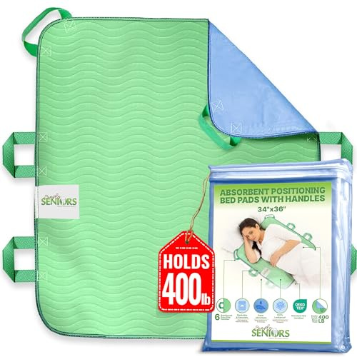 Simply Seniors Absorbent Positioning Bed Pads with 6 Handles 34x36- 1Pack | Washable Waterproof Incontinence Draw Sheets - Reusable Under Pads for Seniors Bed Mobility for Disabled & Bedridden Patients