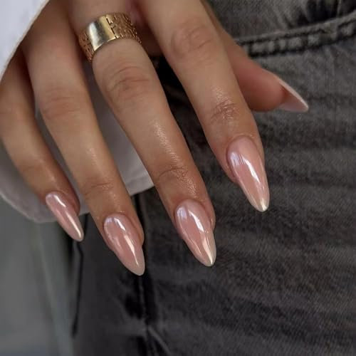 False Nails Short Almond Press on Nails with Glue 30pcs Aurora Stick On Nail Pink Nude Fake Nail Long Lasting Gift for Women Girls (Nude Almond, 24pcs)
